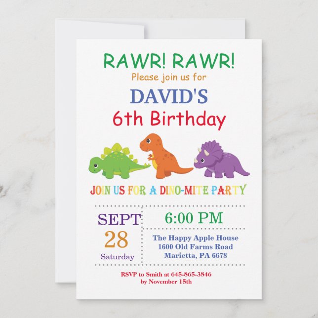 Dinosaur Birthday Invitation Dino Party (Front)