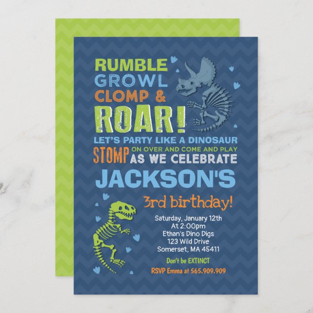 Dinosaur Birthday Invitation Dinosaur Fossil Party (Front/Back)
