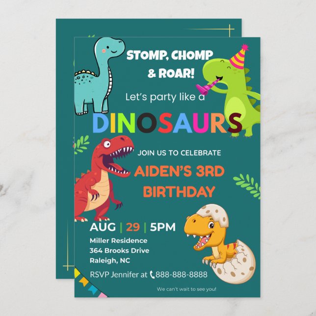 Dinosaur Birthday Invitation – Editable | Flat Car (Front/Back)