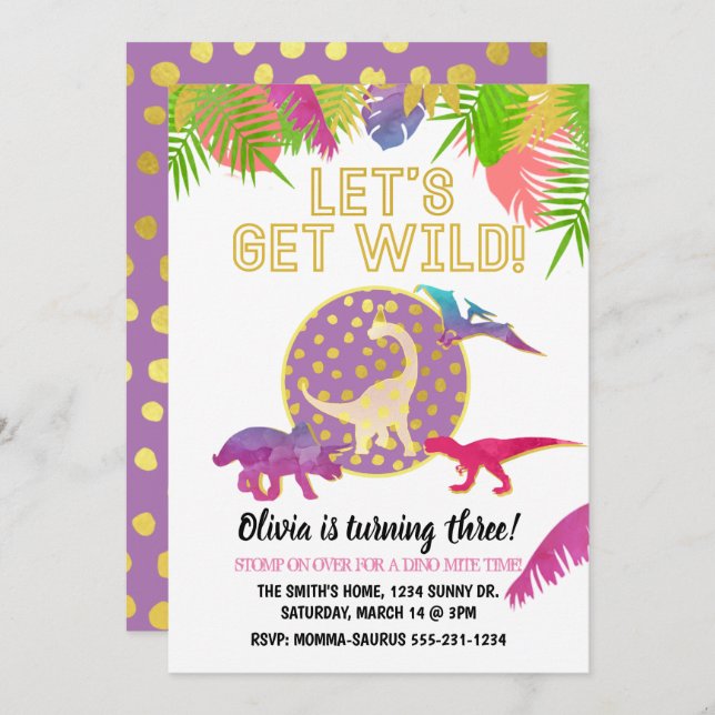Dinosaur Birthday Invitation Girl Birthday Purple (Front/Back)