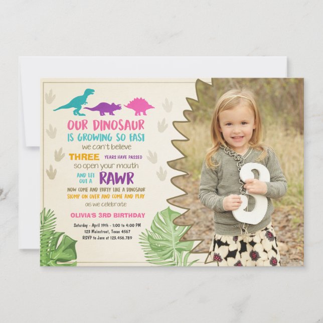 Dinosaur birthday invitation Girl Dinosaur Party (Front)