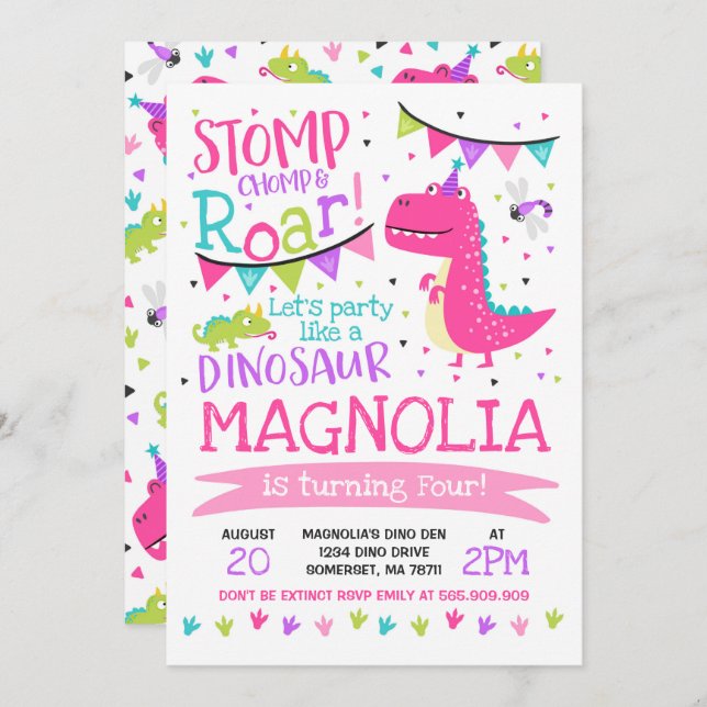 Dinosaur Birthday Invitation Girl Dinosaur Party (Front/Back)