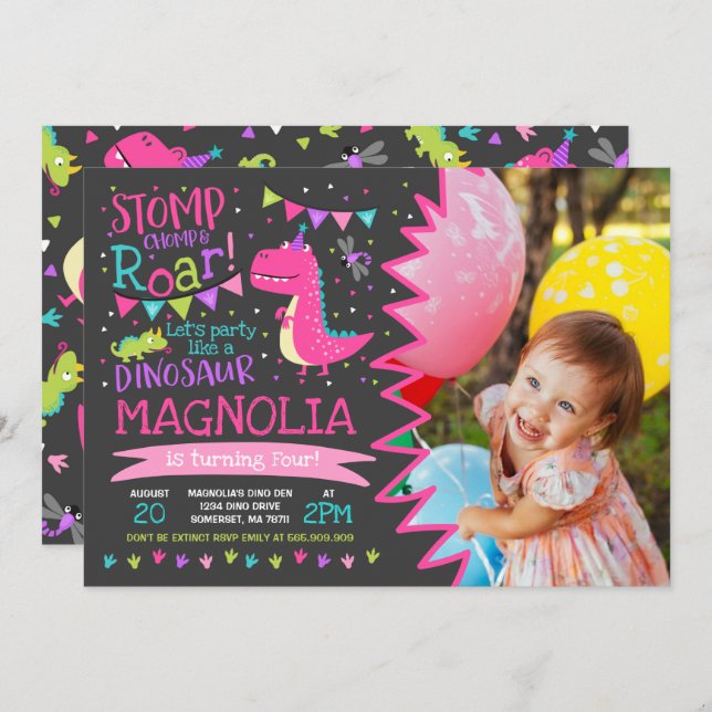 Dinosaur Birthday Invitation Girl Dinosaur Party (Front/Back)