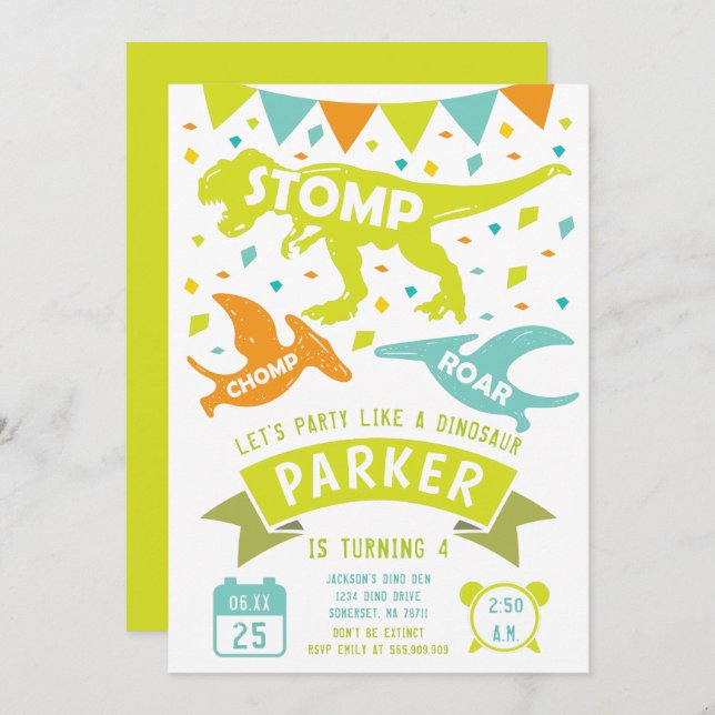 Dinosaur Birthday Invitation Modern Colourful (Front/Back)
