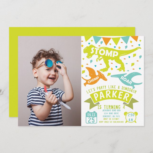Dinosaur Birthday Invitation Modern Photo (Front/Back)