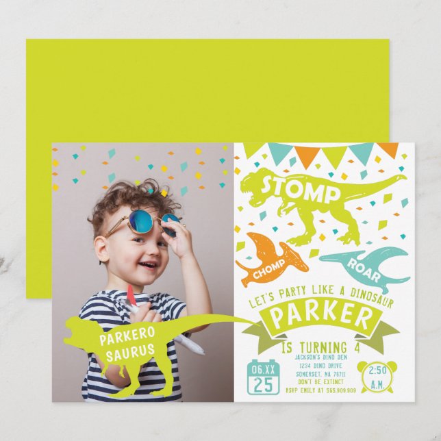 Dinosaur Birthday Invitation Modern Photo (Front/Back)