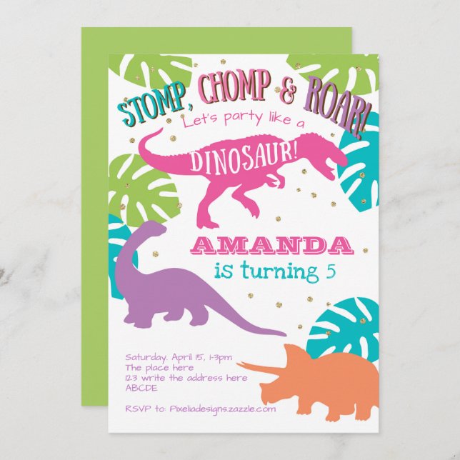 Dinosaur Birthday Invitation, Pink, Girl Birthday Invitation (Front/Back)