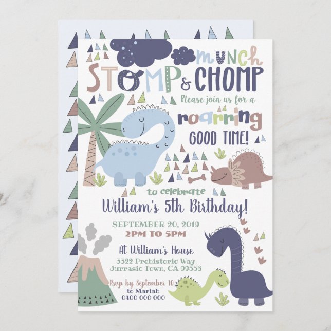 Dinosaur Birthday Invitation Stomp and Chomp (Front/Back)