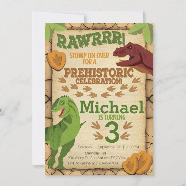 Dinosaur Birthday Invitation, T-Rex Invitation (Front)