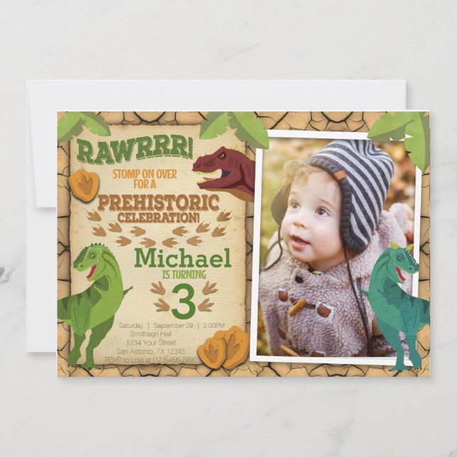Dinosaur Birthday Invitation, T-Rex Invitation (Front)