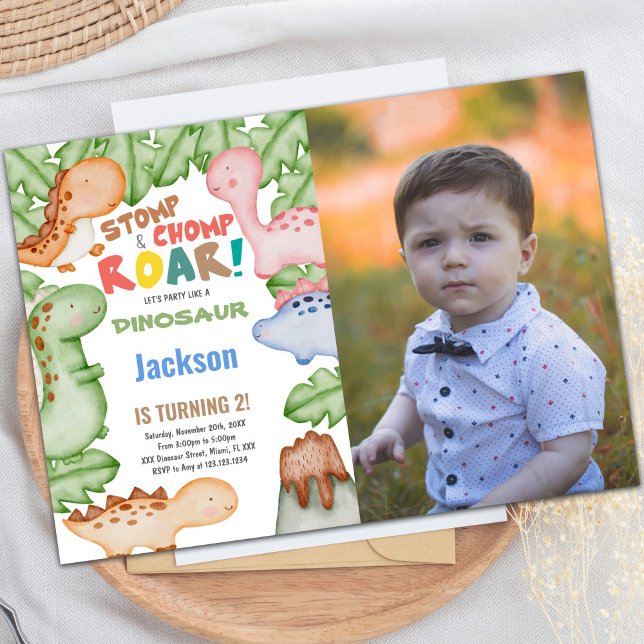 Dinosaur Birthday Invitation with Photo (Pastil Color Dinosaur Birthday Invitations w photo)