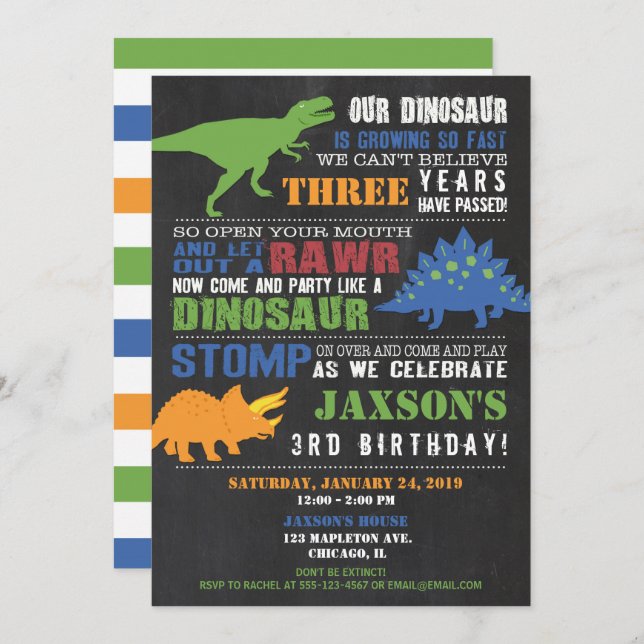 Dinosaur birthday invitations boy chalkboard (Front/Back)