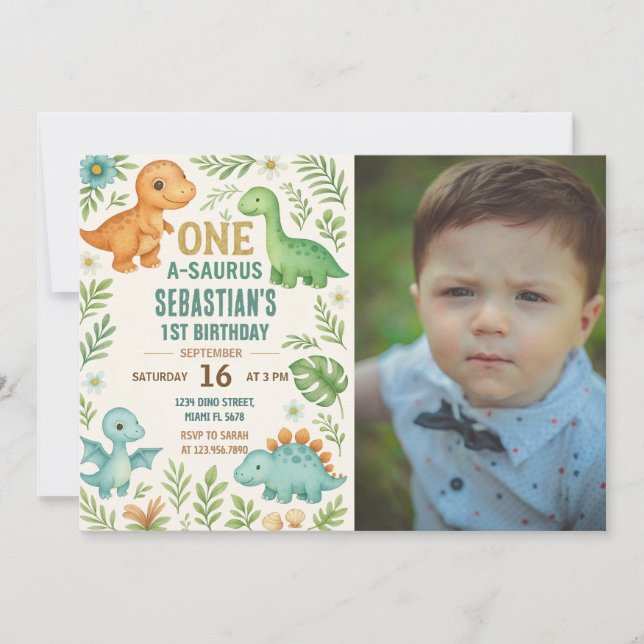 Dinosaur Birthday Invitations with photo (Front)