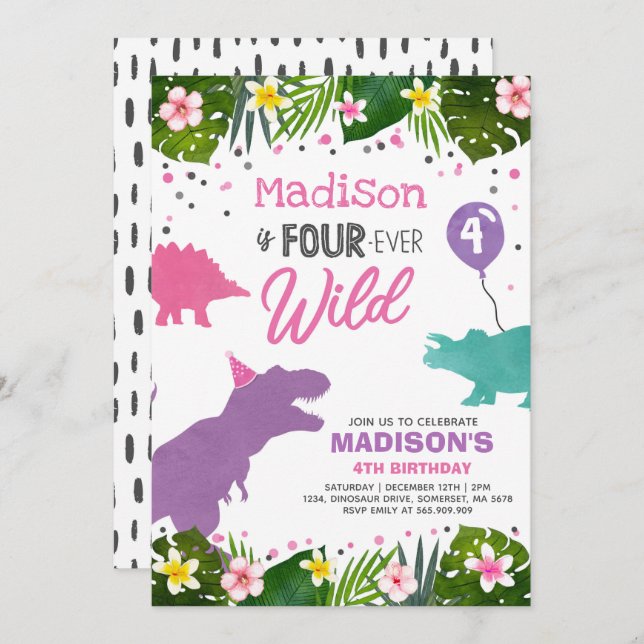 Dinosaur Birthday Invite Four Ever Wild Dino Party (Front/Back)