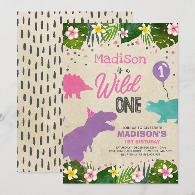 Dinosaur Birthday Invite Wild One Dinosaur Party (Front/Back)