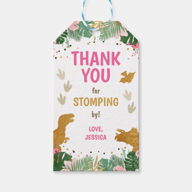 Dinosaur Birthday Labels Girl Dino Party Pink Gold (Front)