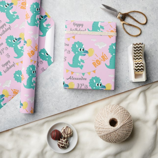 Dinosaur Birthday Name Age Custom Wrapping Paper (Crafts)