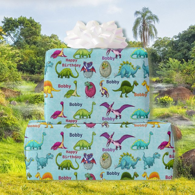 Dinosaur Birthday Party Add Boy's Name Wrapping Paper (Creator Uploaded)
