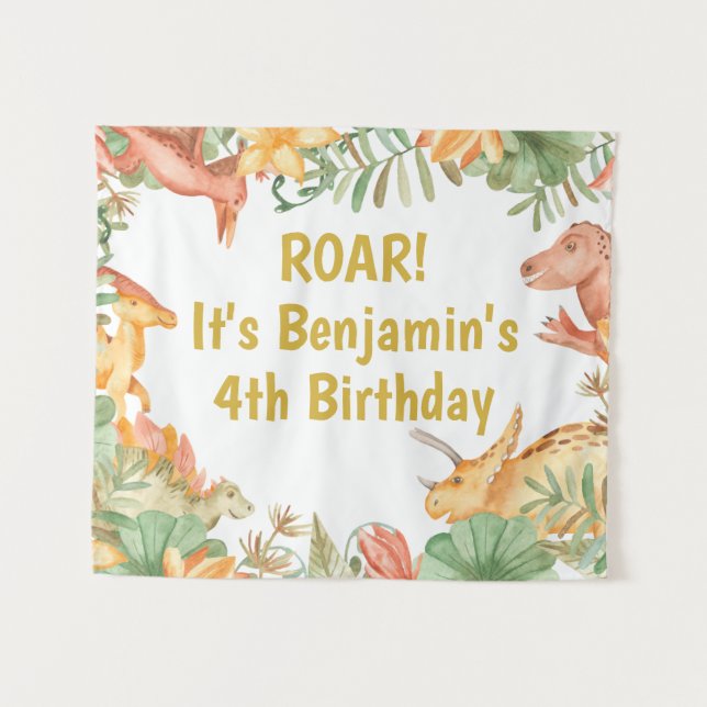 Dinosaur Birthday Party Backdrop Dino Kids Banner Tapestry (Front (Horizontal))