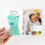Dinosaur Birthday Party Custom Photo Thank You Card<br><div class="desc">Funny and cute birthday party thank you template card for your child's dinosaur theme party. Cartoon style illustration of a green dinosaur with yellow spikes. The t rex is wearing a blue bow tie and a tiny party hat. Above the t-rex it says "Thank you for stomping by." Customise this...</div>
