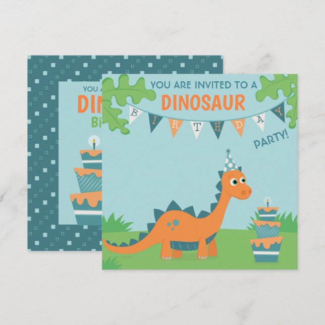 Dinosaur birthday party, cute orange cartoon dino invitation (Front/Back)