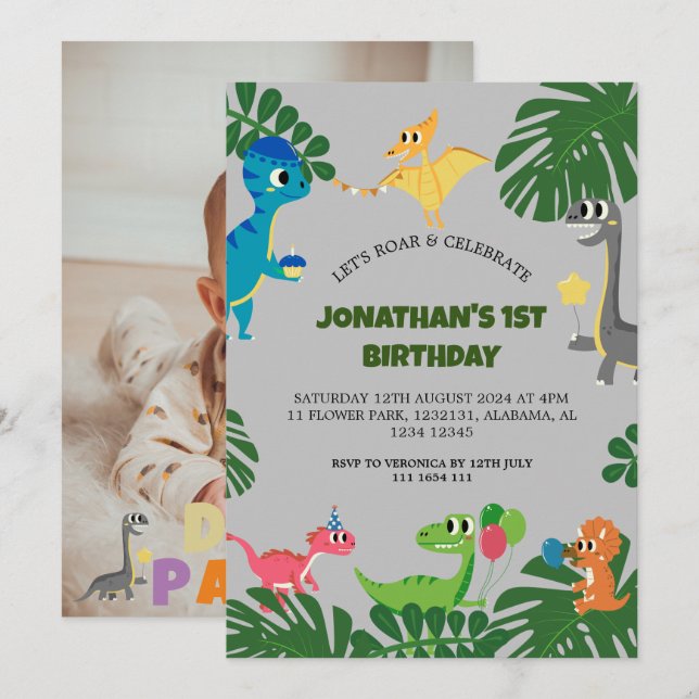 Dinosaur Birthday Party First Birthday Baby Photo Invitation (Front/Back)