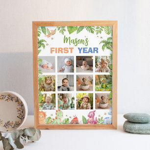 Dinosaur Birthday Party First Year Photo Milestone Poster