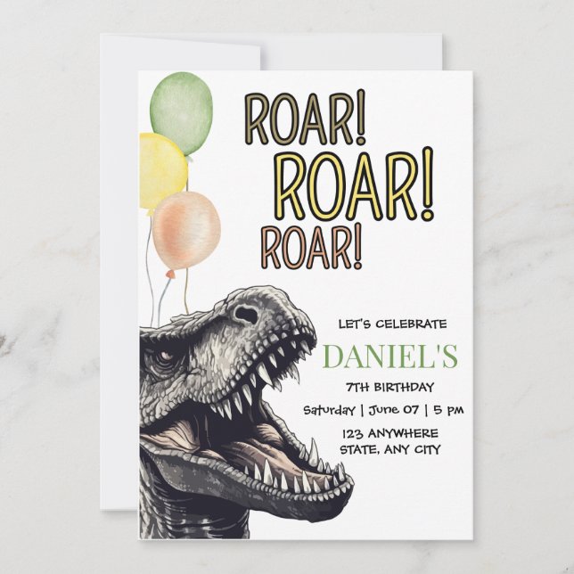 Dinosaur Birthday Party Invite,  Roaring T-Rex  Invitation (Front)
