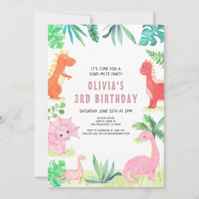 Dinosaur Birthday Party Kids Pink Girl Dino Invitation (Front)