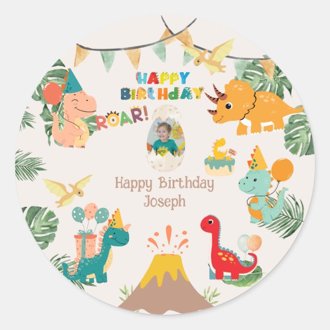 Dinosaur Birthday Party Paper Plate – Custom Photo Classic Round Sticker (Front)