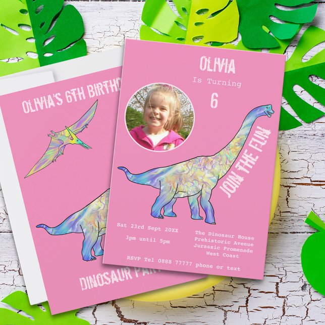 Dinosaur Birthday Party Pink Photo (Dinosaur brachiosaurus girls pink birthday party invitation with photo template)