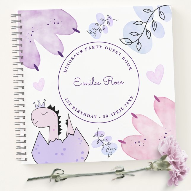 Dinosaur Birthday Party Pink Purple Guest Book (Creator Uploaded)