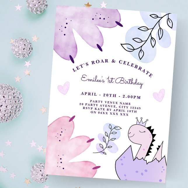 Dinosaur Birthday Party Pink Purple Invitation (Creator Uploaded)