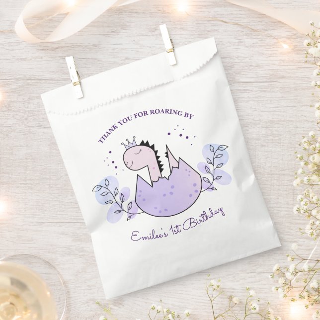 Dinosaur Birthday Party Pink Purple Thank You Favour Bags (Clipped)