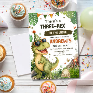 Dinosaur Birthday Party Three Rex Jungle Dino Boys Invitation