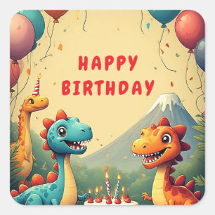 🎉 Dinosaur Birthday Party With Cake And Balloons Square Sticker