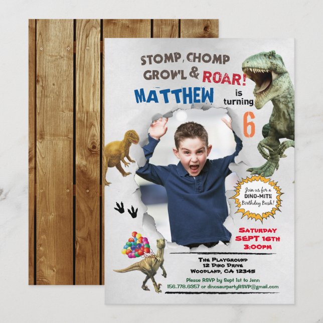 Dinosaur birthday photo invitation rustic (Front/Back)