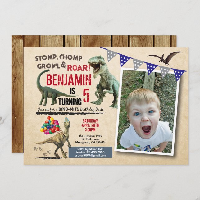 Dinosaur birthday photo invitation rustic (Front/Back)