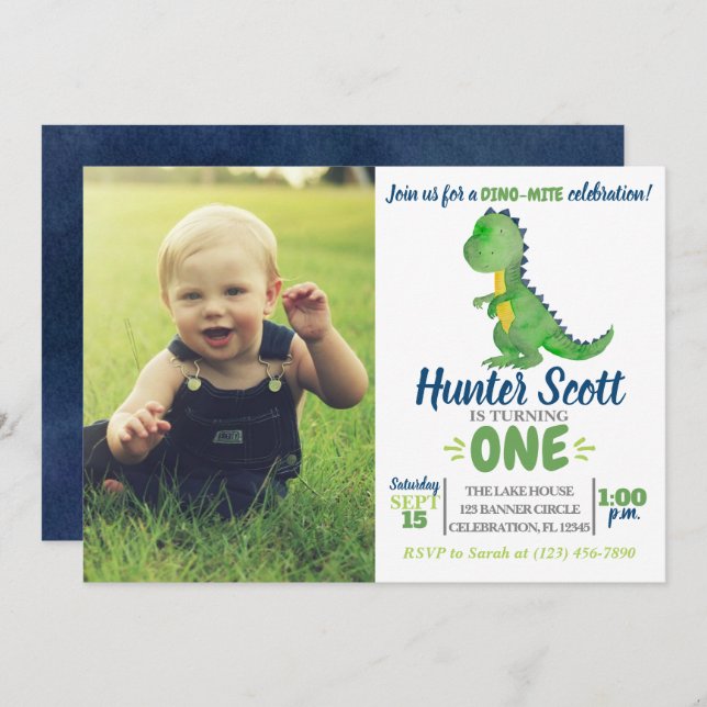 Dinosaur Birthday Photo Invitation - T-Rex Invite (Front/Back)