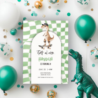 Dinosaur Birthday Retro T Rex Chequered Invitation