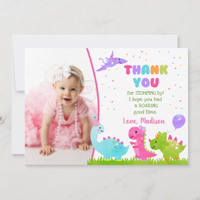 Dinosaur Birthday Thank You cards for girl (Front)