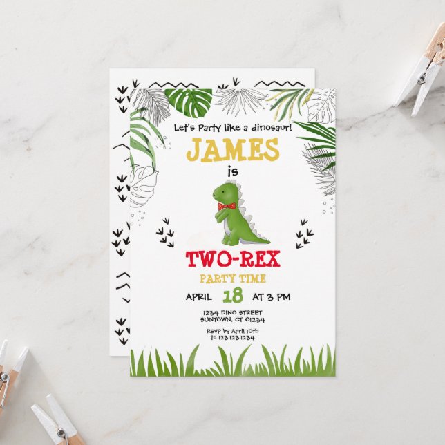 Dinosaur Birthday watercolor green yellow red  Invitation (Front/Back In Situ)