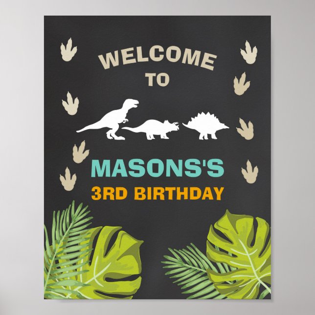 Dinosaur Birthday Welcome Sign Boy Leaves Party (Front)