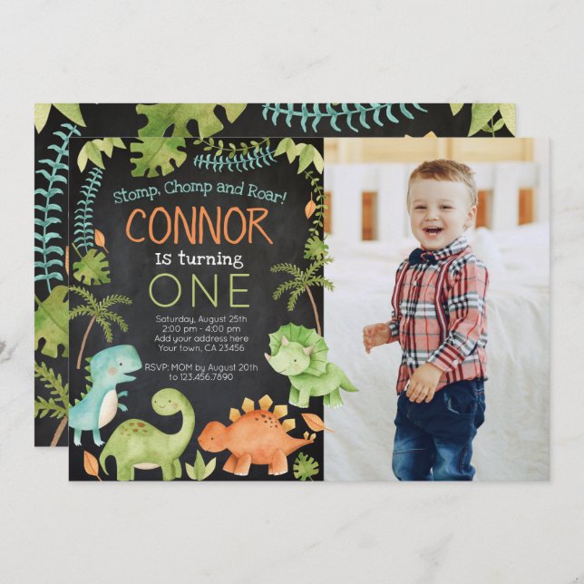 Dinosaur birthday with Photo Invitation (Front/Back)