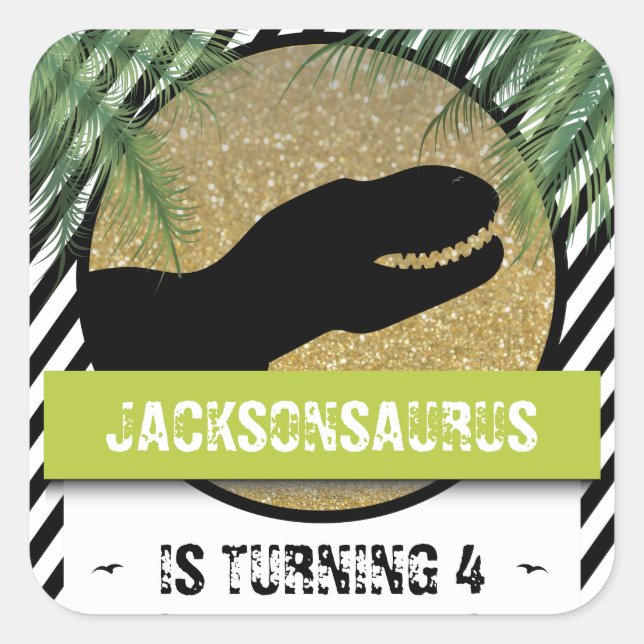 Dinosaur Black white Birthday Party Square Sticker (Front)
