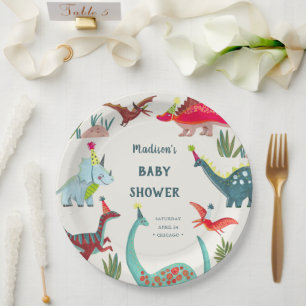 Dinosaur blue baby shower party paper plate