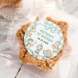 Dinosaur Blue Gingham 1st Birthday Party Classic Round Sticker