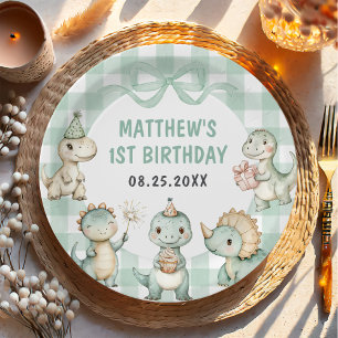 Dinosaur Blue Gingham 1st Birthday Party Paper Plate