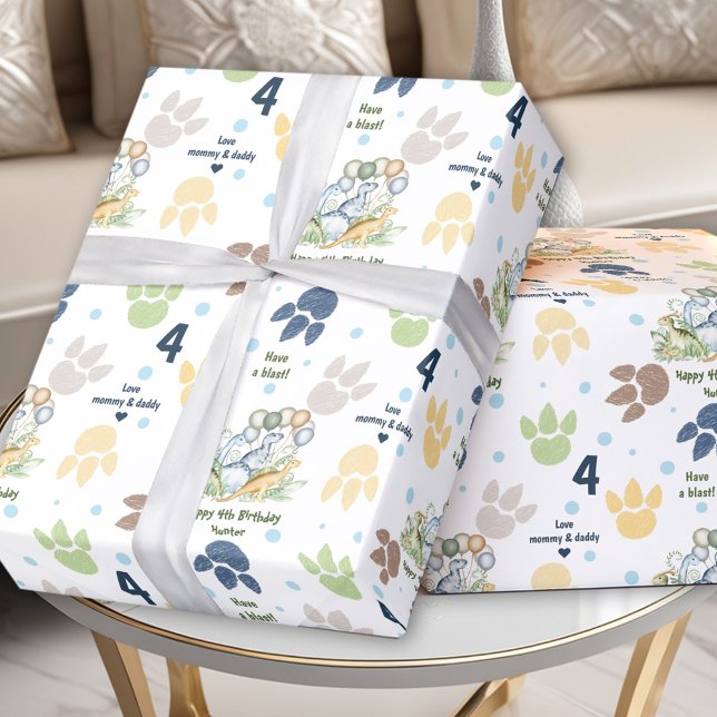 Dinosaur Blue Green Boy Birthday Name Text Wrapping Paper (Dinosaur Blue Green Boy Birthday Name Text Wrapping Paper)