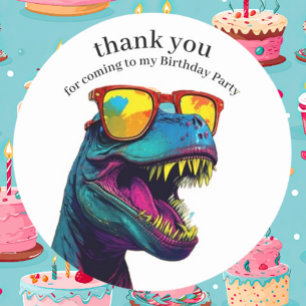 Dinosaur Blue Happy Birthday Thank You   Classic Round Sticker